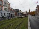 Odense low-floor articulated tram 08 "Eventyret" outside Domhuset i Albanigade (2023)