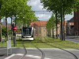 Odense Tramway with low-floor articulated tram 02 "Kompasset" on Benediktsgade (2022)