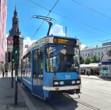 Oslo tram line 11 with articulated tram 113 on Stortorvet (2020)