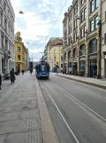 Oslo tram line 13 with articulated tram 108 on Prinsens gate (2022)