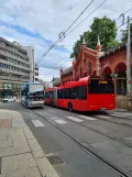 Oslo tram line 18 with low-floor articulated tram 150 in the intersection Kirkeristen/Storgata (2021)