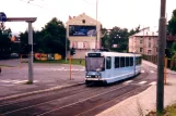 Oslo tram line 19 with articulated tram 138 by crossing Konows gate (1995)