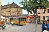 Postcard: Aarhus tram line 2 with railcar 8 in the intersection Nørreport / Nørregade / Knudrisgade / Nørrebrogade (1955-1960)
