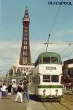 Postcard: Blackpool tram line T with bilevel rail car 717 on Promenade (1974)