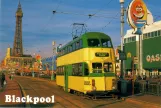 Postcard: Blackpool tram line T with bilevel rail car 723 on Promenade (1984)
