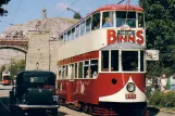 Postcard: Crich museum line with bilevel rail car 100 on Tramway Village (1989)