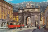 Postcard: Innsbruck tram line 3 with railcar 26 near Triunphpforte (1958)