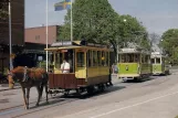 Postcard: Malmö Museum line with museum tram 8 in front of the museum Teknikens och Sjöfartens Hus (1996)