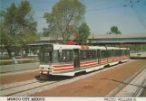 Postcard: Mexico City tram line Tren Ligero (TL) with articulated tram 010 near Estadio Azteca (1986)