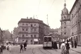 Postcard: Munich tram line 12 with railcar 305 in the intersection Milchstraße / Steinstraße / Sedanstraße (1910)