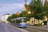Postcard: Munich tram line 19 with low-floor articulated tram 2122 at Rathaus Pasing (1995)