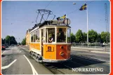 Postcard: Norrköping museum line 1 with railcar 16 on Drottninggatan (1990)