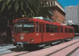 Postcard: San Diego tram line Blue with articulated tram 1040 on America Plaza (1993)