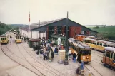 Postcard: Skjoldenæsholm standard gauge with railcar 470 in front of The tram museum (1985)