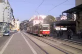 Prague tram line 24 with articulated tram 9029 at Masarykovo nádraží seen from behind (2005)