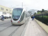 Rabat tram line L2 on Avenue Chellah, seen from behind (2018)