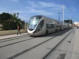 Rabat tram line L2 with low-floor articulated tram 02 on Avenue Chellah (2018)