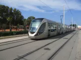 Rabat tram line L2 with low-floor articulated tram 028 on Avenue Chellah (2018)