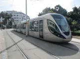 Rabat tram line L2 with low-floor articulated tram 037 on Avenue Chellah (2018)