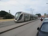 Rabat tram line L2 with low-floor articulated tram 039 on Avenue Chellah (2018)