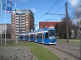 Rostock extra line 2 with low-floor articulated tram 654 on Neuer Markt (2015)