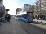 Rostock tram line 1 with low-floor articulated tram 603 on Lange Straße (2015)