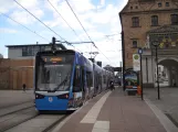 Rostock tram line 1 with low-floor articulated tram 607 at Steintor IHK (2015)