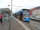 Rostock tram line 1 with low-floor articulated tram 608 at Maßmannstraße (2023)