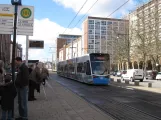Rostock tram line 1 with low-floor articulated tram 609 at Lange Straße (2015)
