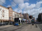 Rostock tram line 1 with low-floor articulated tram 609 at Lange Straße A (2015)