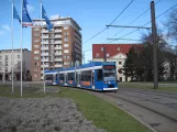 Rostock tram line 5 with low-floor articulated tram 658 on Neuer Markt (2015)