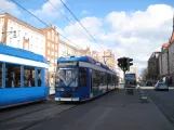 Rostock tram line 6 with low-floor articulated tram 664 on Lange Straße (2015)