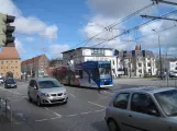 Rostock tram line 6 with low-floor articulated tram 672 near Steintor IHK (2015)