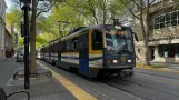 Sacramento tram line Blue with articulated tram 218 near Cathedral Square (2024)