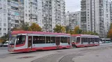 Saint Petersburg tram line 6 with railcar 3708 near Korablestroiteley St (2017)
