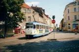 Schwerin tram line 2 with railcar 126 on Platz der Freiheit (2001)