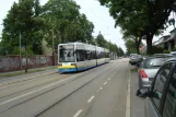 Schwerin tram line 4 with low-floor articulated tram 828 near Lewenberg (2015)