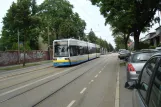 Schwerin tram line 4 with low-floor articulated tram 828 on Heinrich Seidel Straße (2015)