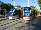 Seville tram line T1 with low-floor articulated tram 301 at Prado De San Sebastian (2017)