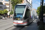 Seville tram line T1 with low-floor articulated tram 301 near Archivo de Indias (2018)