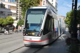 Seville tram line T1 with low-floor articulated tram 301 on Av. de la Constitución (2018)