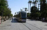 Seville tram line T1 with low-floor articulated tram 304 on Calle San Fernando (2017)