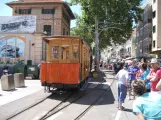 Sóller tram line with open sidecar 11 at Port de Sóller seen from behind (2013)