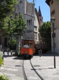Sóller tram line with railcar 1 near Iglesia de Sant Bartomeu (2013)