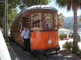 Sóller tram line with railcar 21 on Carrer de la Marina, seen from the side (2013)