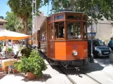 Sóller tram line with railcar 22 in front of Beach cafe in Soller (2013)