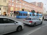 Stockholm tram line 7S Spårväg City with low-floor articulated tram 4 close by Kungsträdgården (2019)