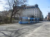 Stockholm tram line 7S Spårväg City with low-floor articulated tram 4 near Kungsträdgården (2019)