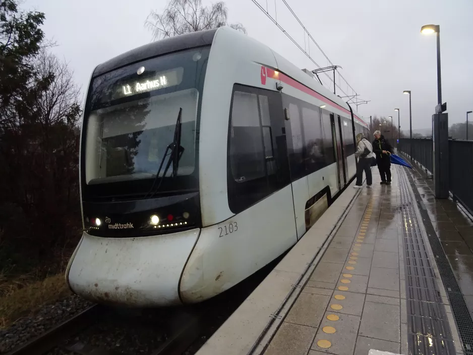 Aarhus light rail line L1 with low-floor articulated tram 2103-2203 in Thorsager (2024)