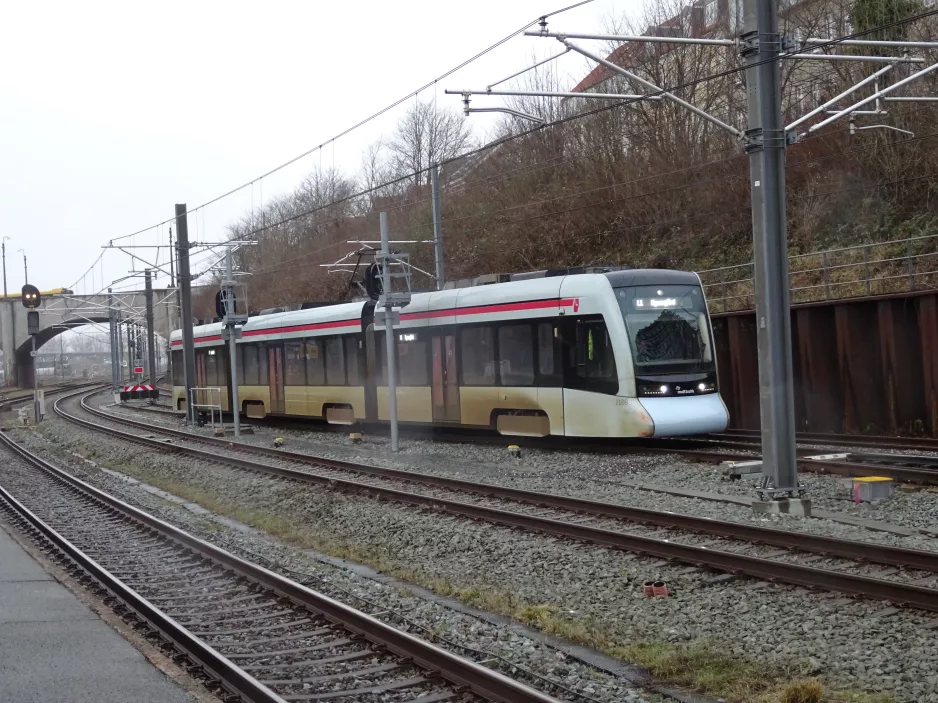 Aarhus light rail line L1 with low-floor articulated tram 2108-2208 at Aarhus H (2024)